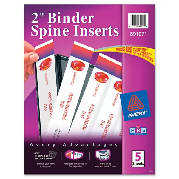 Avery Binder Spine Inserts 2" Spine Width 4 Inserts/Sheet 5 Sheets/Pack 89107