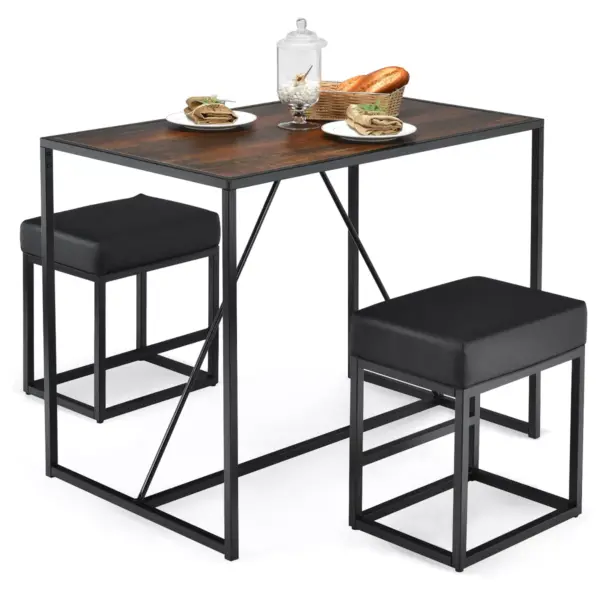 Costway 3pcs Dining Set Metal Frame Kitchen Table and 2 Stools Home Breakfast