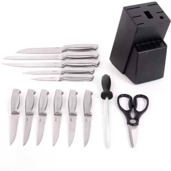 Oster Baldwyn 14 Piece Stainless Steel Cutting Kitchen Knife Cutlery Set with Swivel Block Holder and Knife Sharpener, Brushed Satin