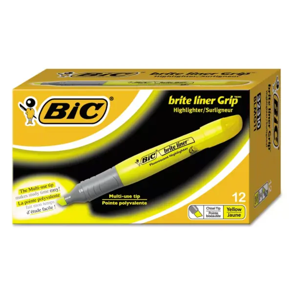 Bic Brite Liner Grip XL Highlighter Chisel Tip Fluorescent Yellow Ink Dozen BLMG11YW