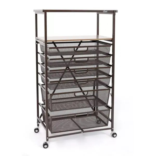 Origami CC6-Bronze Narrow Folding Storage Shelf Rolling Cart Unit with 6 Organizer Mesh Drawers in Bronze for Home, Office, or Dorm