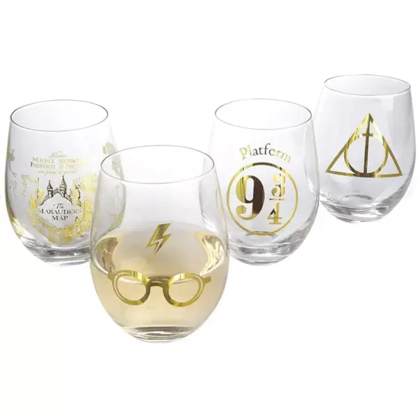 Seven20 Harry Potter 17oz Stemless Wine Glasses | Set of 4 | Gold Symbols & Designs