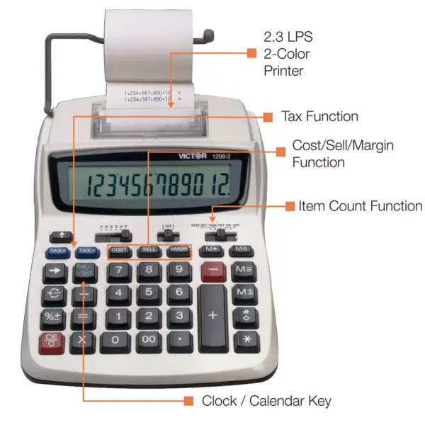 Victor 1208-2 Two-Color Compact Printing Calculator Black/Red Print 2.3 Lines/Sec 12082