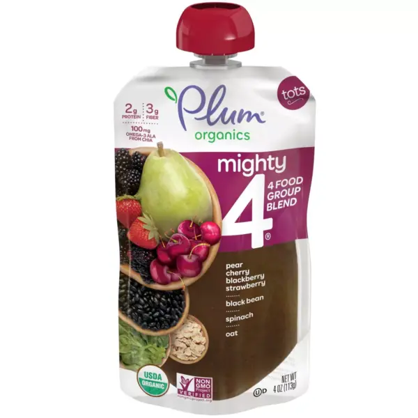 Plum Organics Mighty 4 Blends Pear Cherry Blackberry Strawberry Black Bean Spinach & Oat Baby Snacks - 4oz