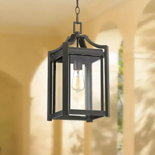 Franklin Iron Works Rustic Farmhouse Outdoor Ceiling Light Hanging Black 17" Clear Beveled Glass Exterior House Porch Patio Deck