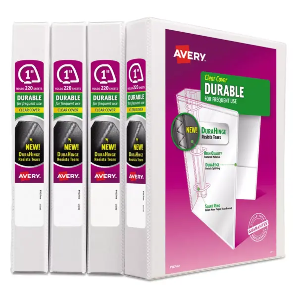 Avery Durable View Binder with DuraHinge and Slant Rings 1" White 4/Pack 17575