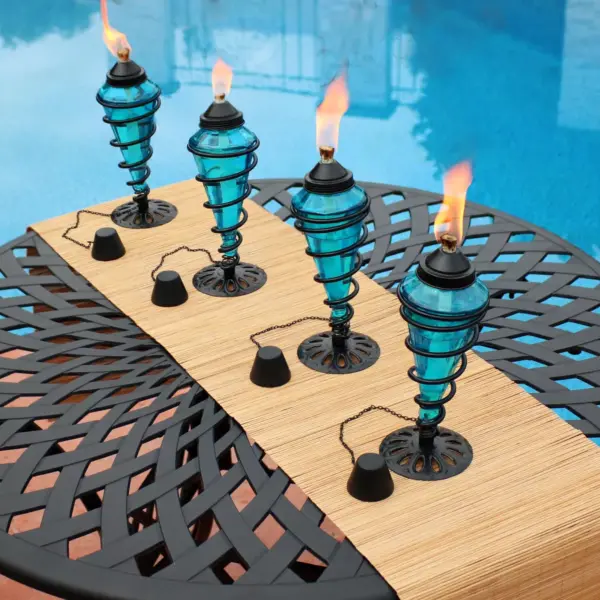 Sunnydaze Outdoor Tabletop Glass and Metal Swirl Patio Table and Lawn Citronella Torch Set - Blue - 8pk