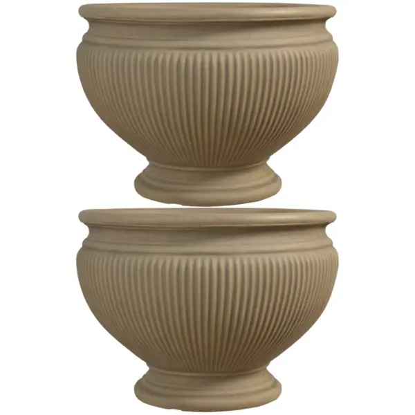 Sunnydaze Indoor/Outdoor Patio, Garden, or Porch Weather-Resistant Double-Walled Elizabeth Ribbed Urn Flower Pot Planter - 16" - Beige - 2pk