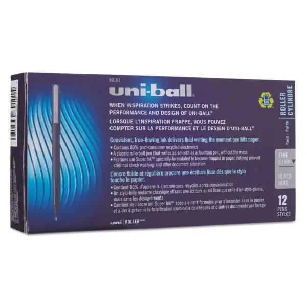 uni-ball Roller Ball Stick Dye-Based Pen Black Ink Fine Dozen 60101