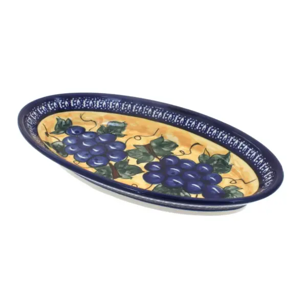 Blue Rose Polish Pottery Grapes Small Oval Platter with Cobalt Trim