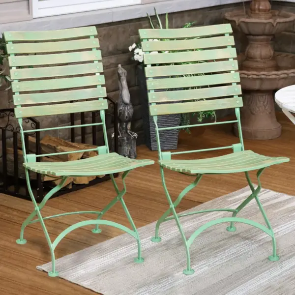 Sunnydaze Indoor/Outdoor Patio or Dining Café Couleur European Chestnut Wooden Folding Bistro Chair - Green - 2pk