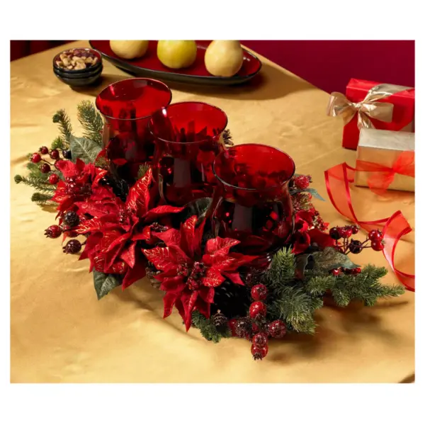 Poinsettia & Berry Triple Candelabrum - Nearly Natural