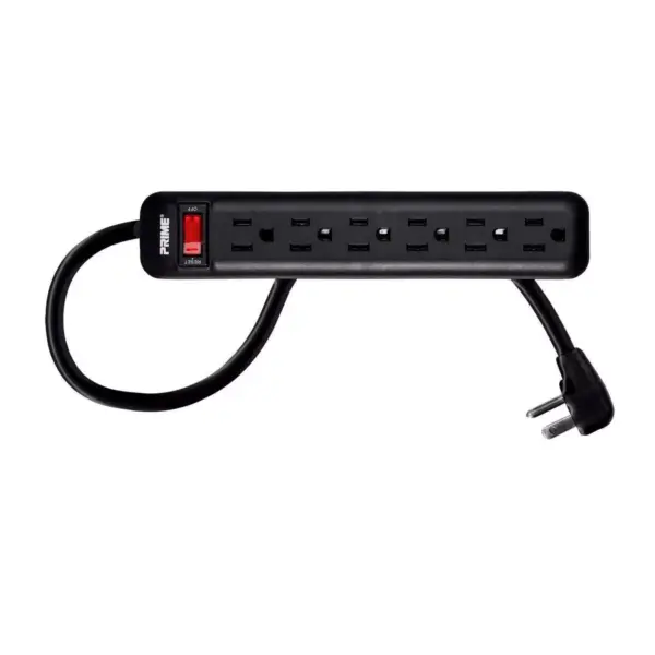 Monoprice Power & Surge - 6 Outlet Power Strip with Right Angle Plug - 3 Feet Cord - Black | Built-in Circuit Breaker, Nickel Coated Brass