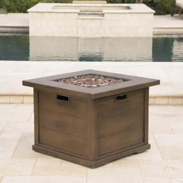 Ellington Outdoor Wood Patterned Square Gas Fire Pit - Brown - Christopher Knight Home