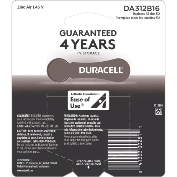 Duracell Size 312 Hearing Aid Batteries - 16 Pack - Easy-Fit Tab