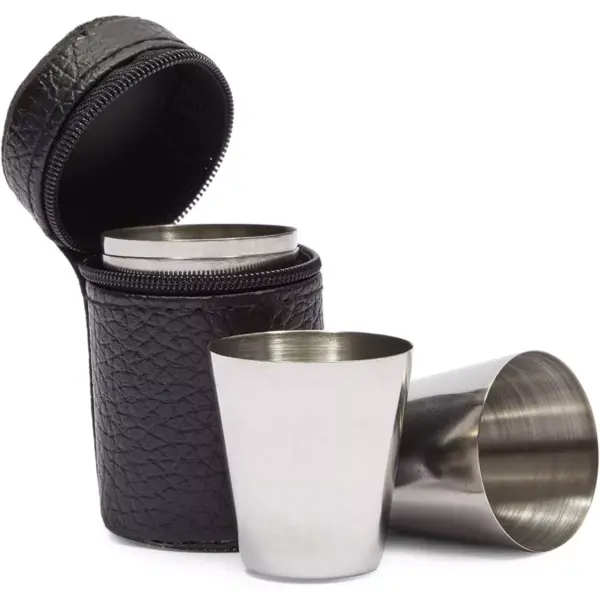 Okuna Outpost 4 Pack Stainless Steel Shot Glasses Cup Drinking Tumbler with Leather Case (50ml, 1.6oz)