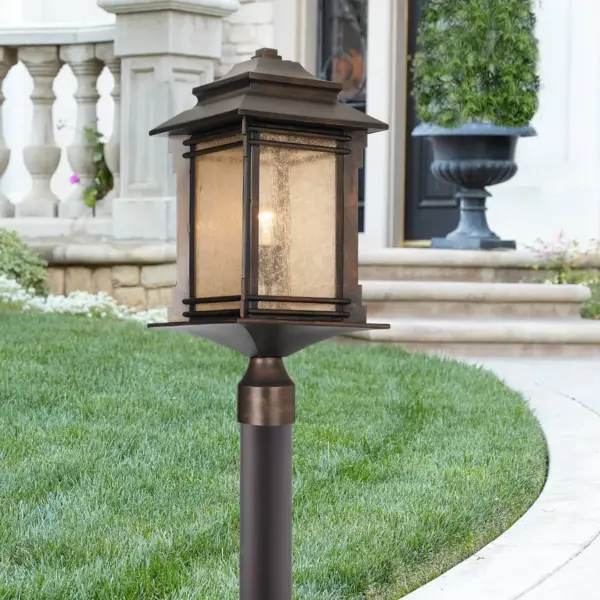 Franklin Iron Works Rustic Industrial Outdoor Post Path Light Fixture Bronze Black 33 1/2" Frosted Cream Glass for Exterior House