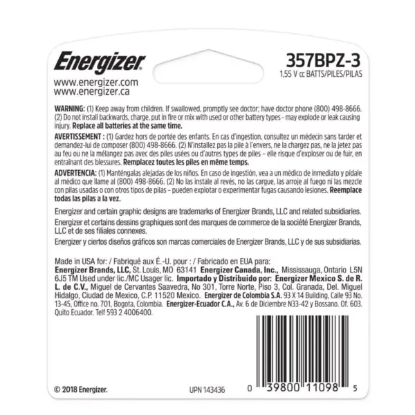 Energizer 3pk 357/303 Batteries Silver Oxide Button Battery