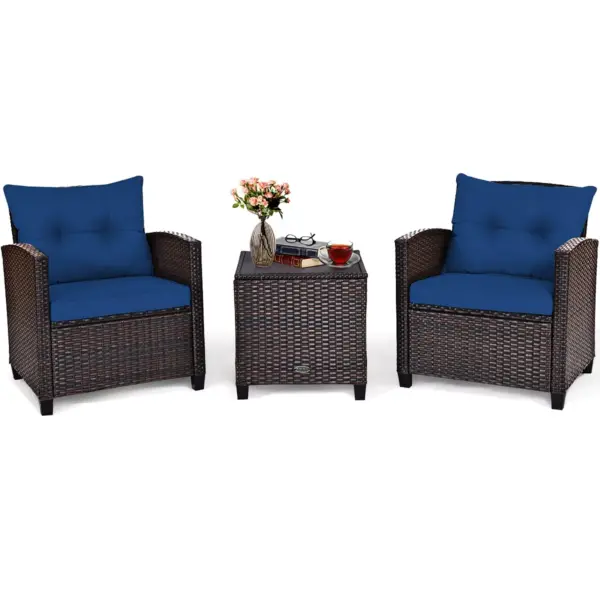 3PCS Patio Rattan Furniture Set Cushioned Conversation Set Coffee Table Navy