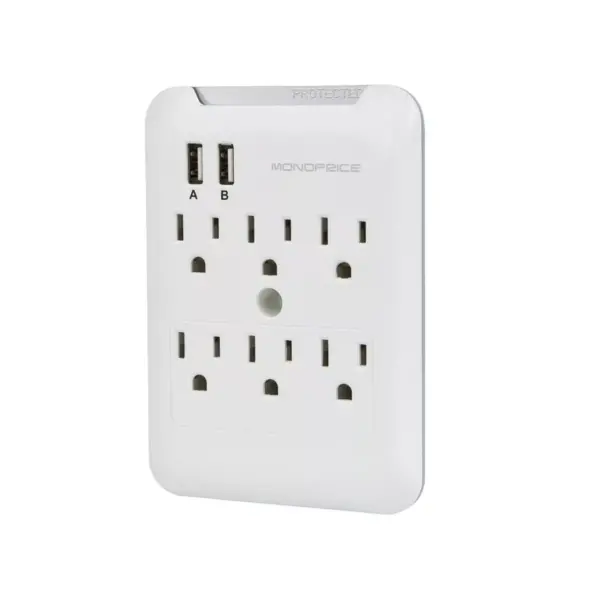 Monoprice Power & Surge - 6 Outlet Power Surge Protector Wall Tap With 2 Built In 2.4A USB Ports - White | UL Rated 540 Joules With Protected Light