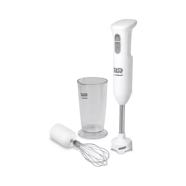 Tasty by Cuisinart Stainless Steel Electric Kitchen Handheld Food Blender Stick with Beater, Measuring Cup, and Safety Button Feature, White