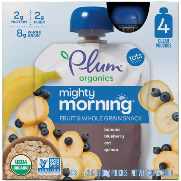 Plum Organics Mighty Morning 4pk Banana Blueberry Oat Quinoa Fruit & Whole Grain Snack Pouches - 12.68oz