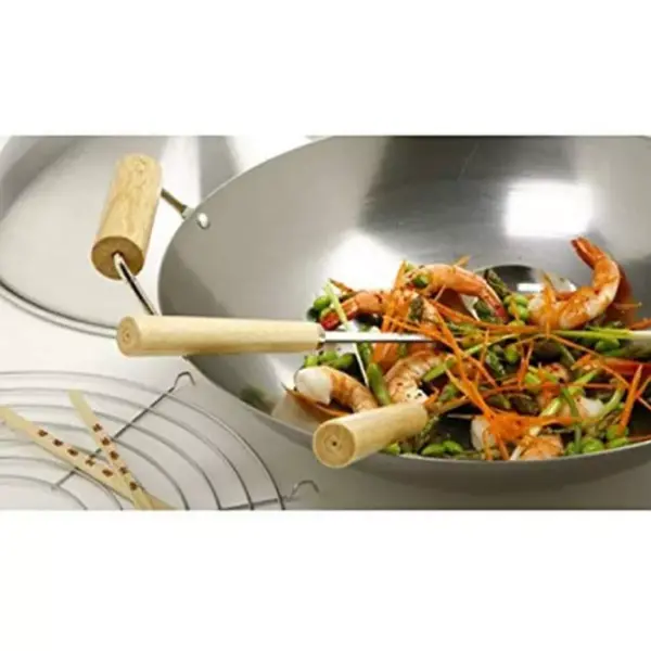 Norpro 10 Piece 14 Inch Carbon Steel Stir Fry Cooking Pan Wok Set with Racks, Chopstick, Turner, Ladle and Lid for Gas and Electric Stove