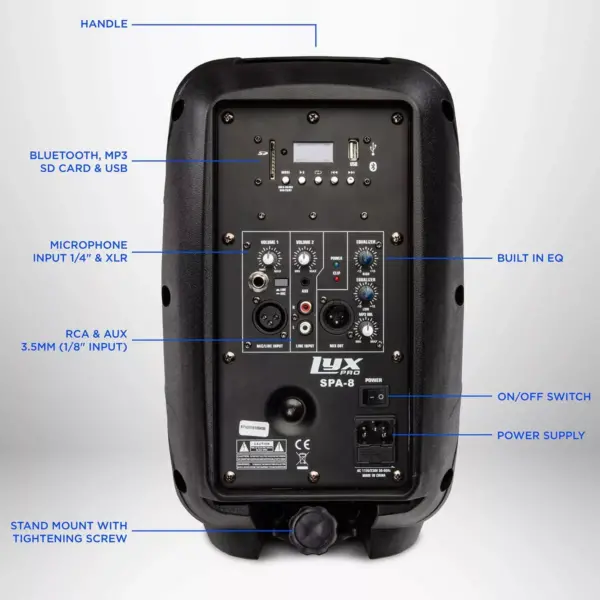 LyxPro SPA-8-8'' Compact Portable PA System 100-Watt RMS Power Active Speaker with Equalizer, Bluetooth, SD Slot, USB, MP3, XLR, 1/4'', 3.5mm Input