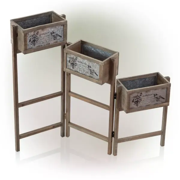 3 Tier Rectangular Wooden Plant Stand With Metal Plate - Alpine Corporation