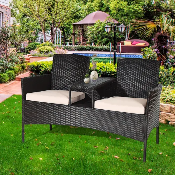 Costway Patio Rattan Conversation Set Loveseat Sofa Cushioned Coffee Table Mix Brown