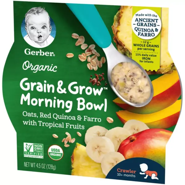 Gerber Organic Grain & Grow Morning Bowl Oats Quinoa Farro Tropical Fruits Baby Meals - 4.5oz