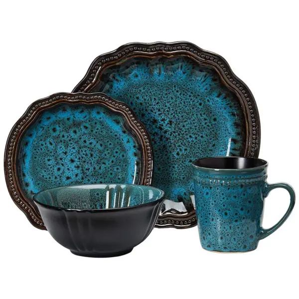 16pc Stoneware Lagoon Dinnerware Set Blue - Elama