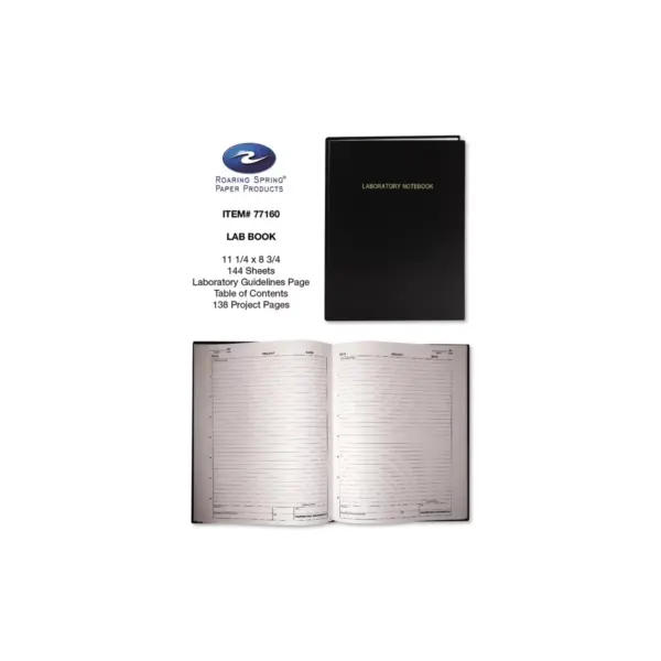 Roaring Spring Lab Research Notebook Quadrille 8-3/4w x 11-1/4h 72 White Pages Black Cover 77160