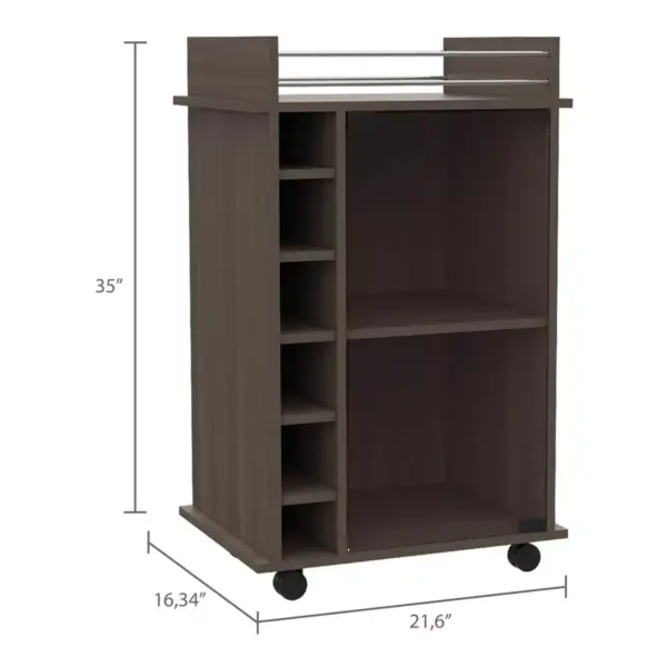 TUHOME Dukat Bar Storage Display Cabinet Cart with Wheels for Wine and Liquor with Glass Door, 2 Shelves, and 6 Cubbies, Smoky Oak