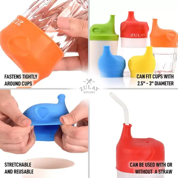 Zulay Silicone Sippy Cup Lids (5 Pack) - BPA Free & Food Grade Spill-Proof Silicone Sippy Cup Covers With Soft Spout - Stretchable Silicone Cup Lids For Toddlers, Infants, Babies