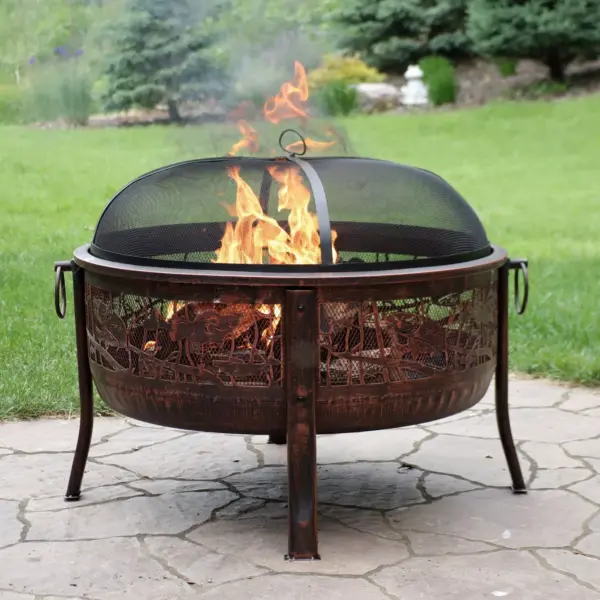 Sunnydaze Outdoor Camping or Backyard Steel Northwoods Fishing Fire Pit with Spark Screen - 30" - Bronze