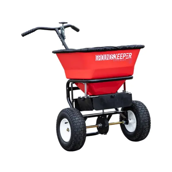 Buyers Products 100 Pound Capacity 1.67 Cubic Feet Groundskeeper Walk Behind Seed, Salt, and Fertilizer Spreader with Hopper Screen & Rain Cover, Red