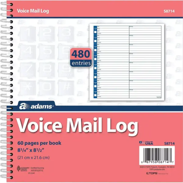 Adams Voice Mail Log Book 480 Messages 8-1/2"x8-1/4" 2BK/PK S8714