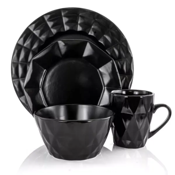 16pc Stoneware Diamond Cut Dinnerware Set Black - Elama