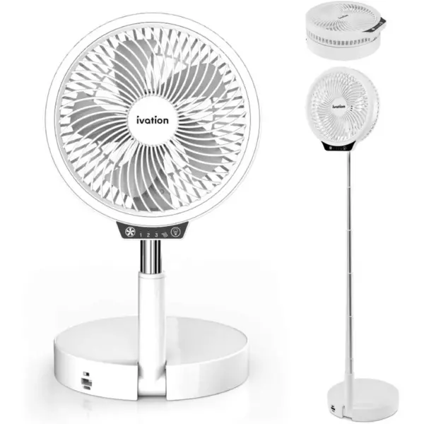 Ivation Rechargeable Personal Fan with LED Light | Compact Convertible Desk, Table & Pedestal Floor Fan with 39.5” Adjustable Height, LED Lamp, 3-Speed Touch Control & USB Phone Charging Port | White